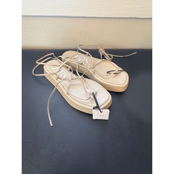 Zara Chunky Square toe strappy lace up Sandals Cream Size 41 - Picture 1 of 6
